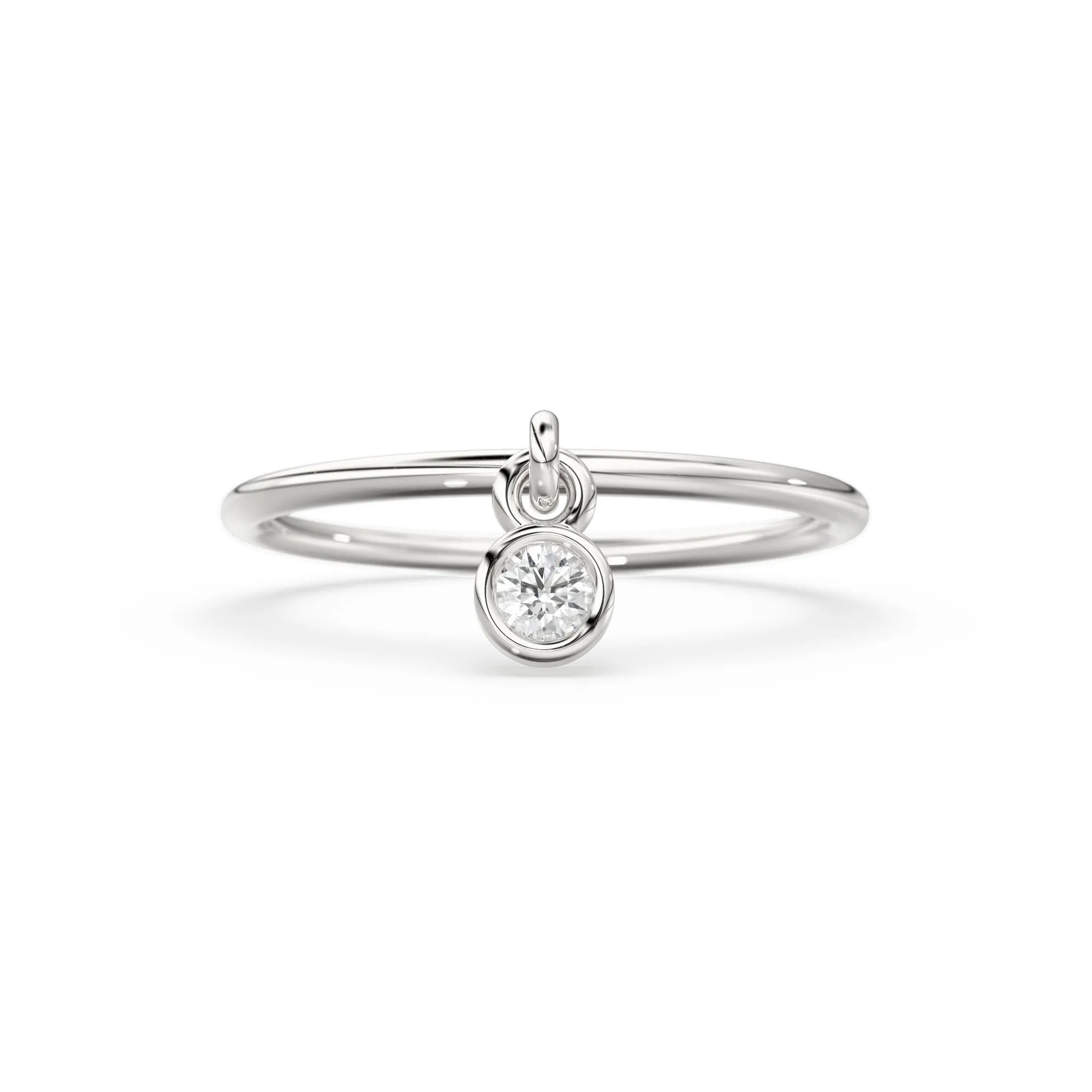 14k Gold Thin Ring with a 0.05ctw Round White Diamond Dangling Charm Ring - Round Cut Diamond Dangle Ring / Stacking Diamond Ring