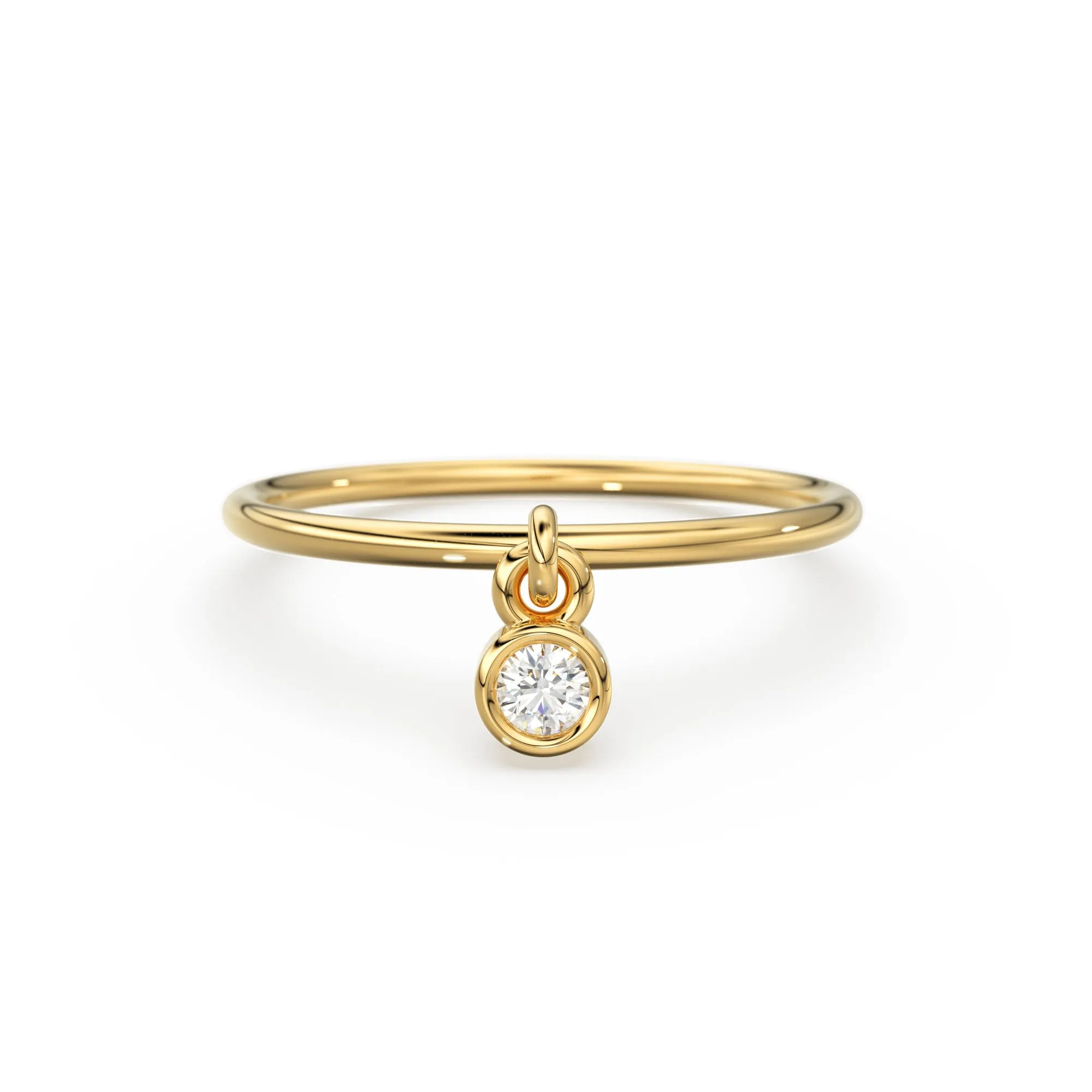 14k Gold Thin Ring with a 0.05ctw Round White Diamond Dangling Charm Ring - Round Cut Diamond Dangle Ring / Stacking Diamond Ring