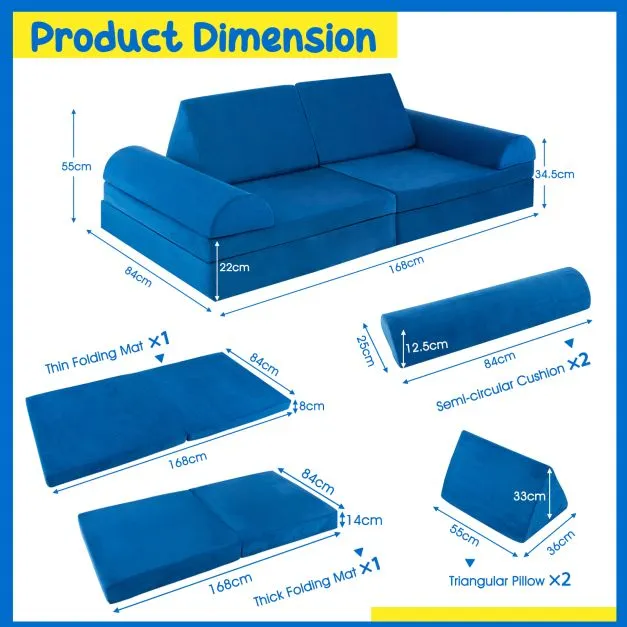 8 Piece Kids Play Couch | Sofa | Modular Soft Play Equipment | Foam Blocks | Blue