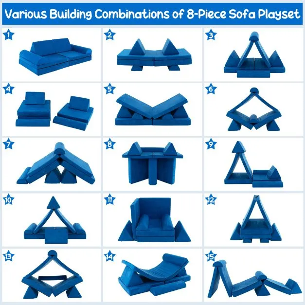 8 Piece Kids Play Couch | Sofa | Modular Soft Play Equipment | Foam Blocks | Blue
