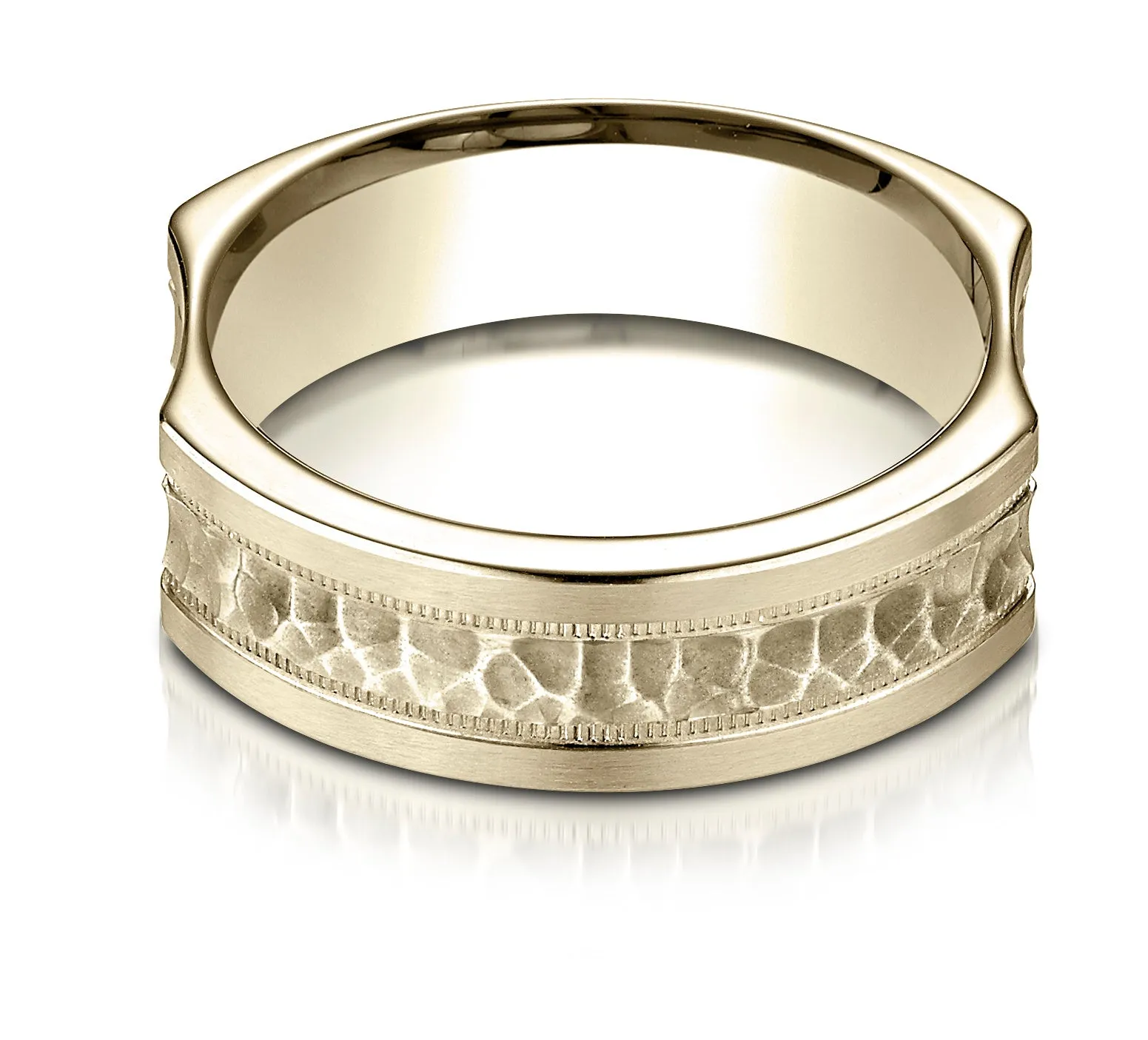 Benchmark 14K Yellow Gold 7mm Ergonomic Comfort-Fit Hammered Finish w/ High Polish Edge Wedding Ring