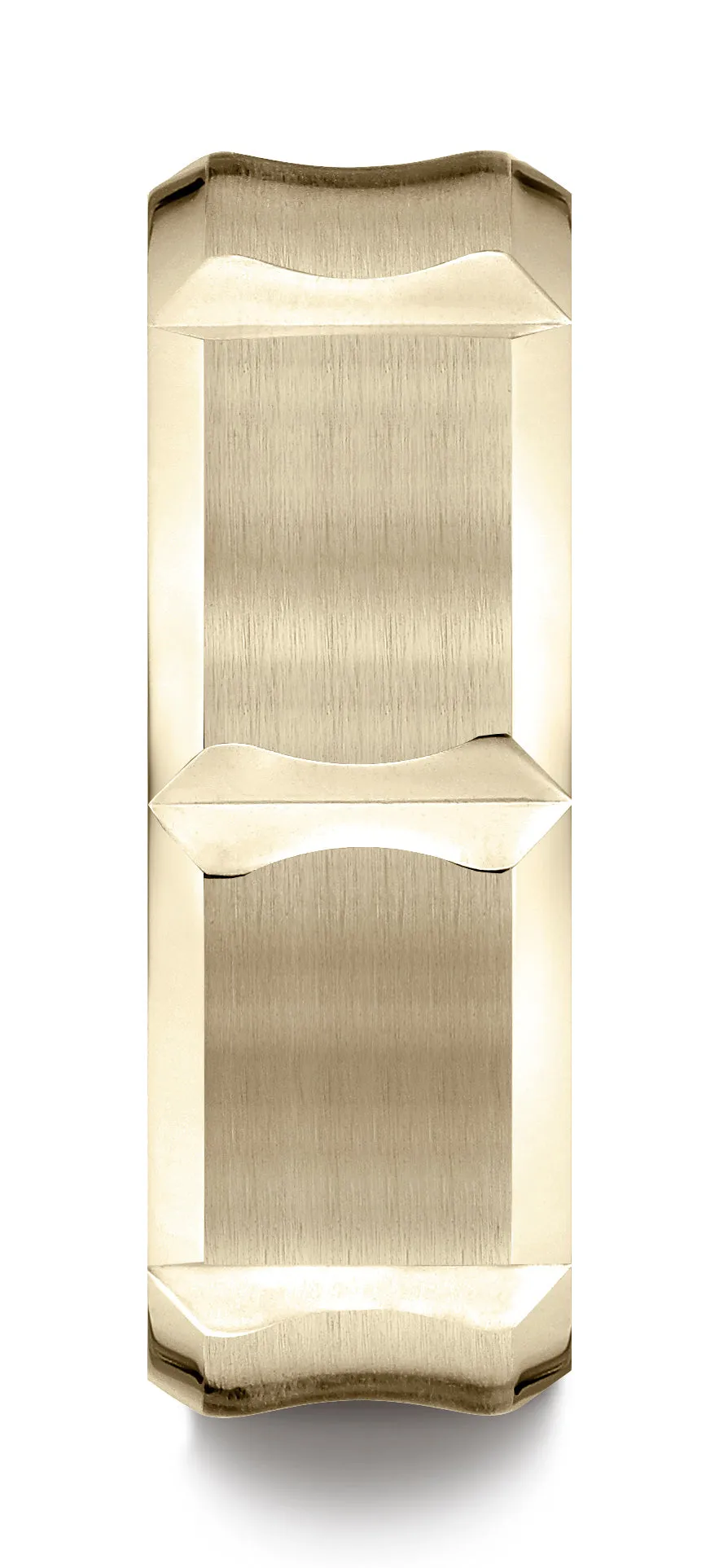 Benchmark 14K Yellow Gold 7mm Ergonomic Comfort-Fit Satin Finish with High Polish Beveled Edge Band Ring