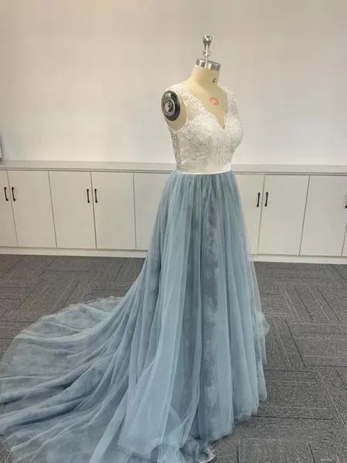 Blue V-neckline Tulle Embroidered Ombre Soft Lace V-neck Prom Dresses, Blue Formal Dresses