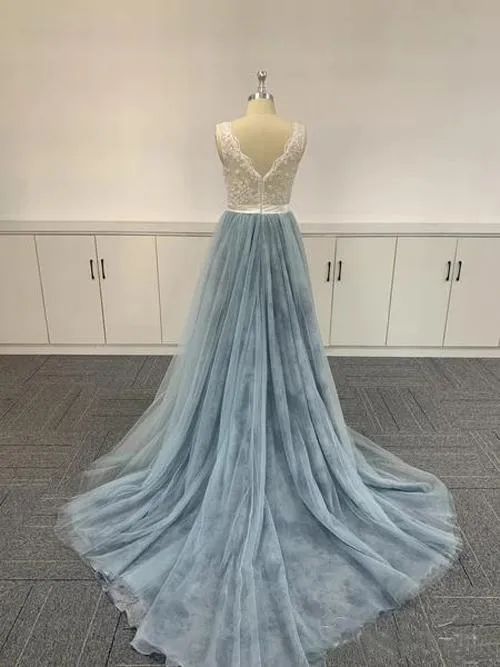 Blue V-neckline Tulle Embroidered Ombre Soft Lace V-neck Prom Dresses, Blue Formal Dresses