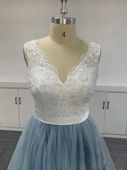 Blue V-neckline Tulle Embroidered Ombre Soft Lace V-neck Prom Dresses, Blue Formal Dresses