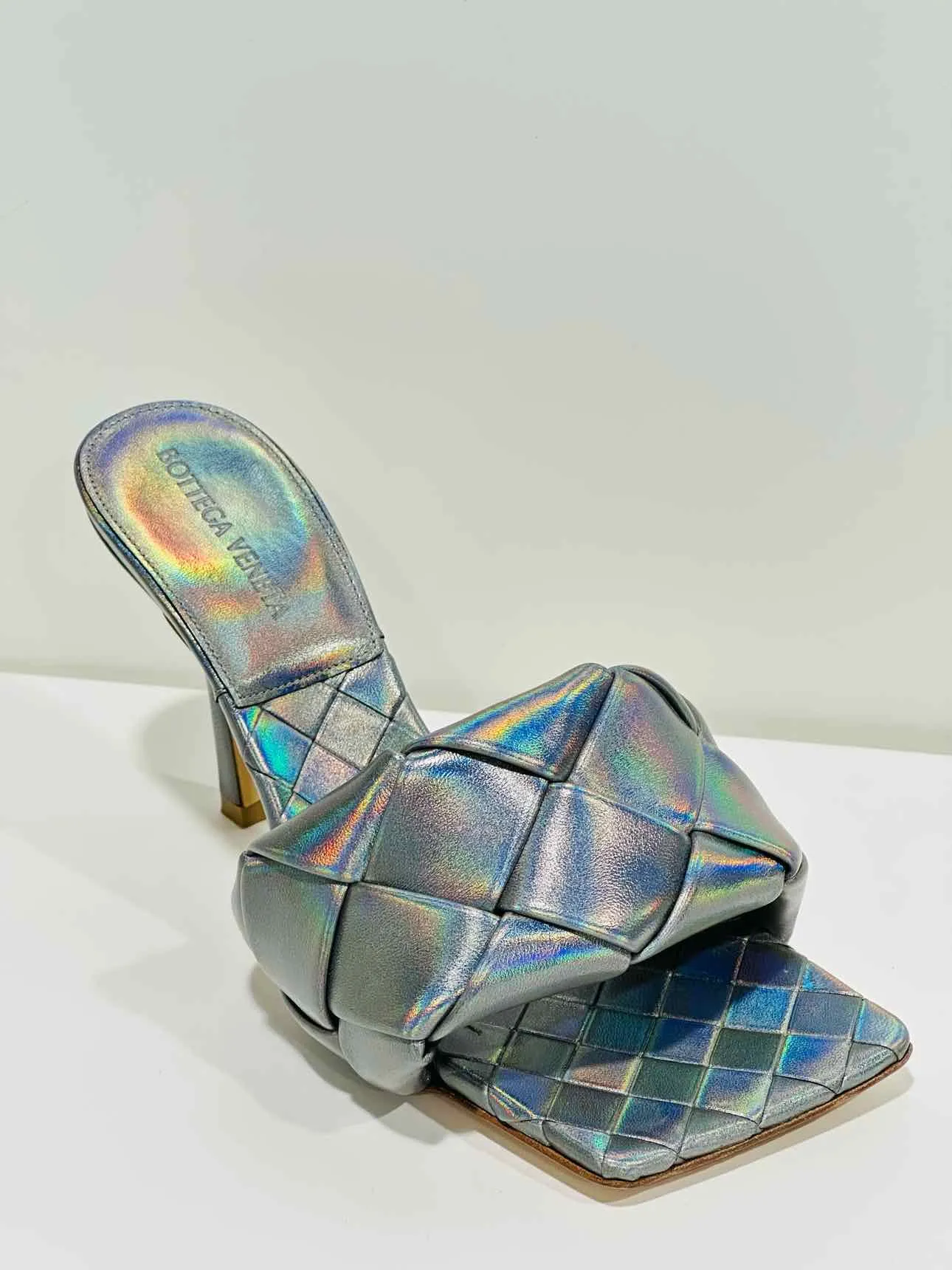 BOTTEGA VENETA Lido Metallic Grey Mules 37.5