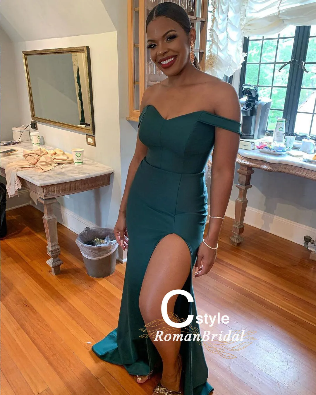 Embroidery Plain Color Split Side Floor-length Soft Satin Bridesmaid Dresses, RBM001