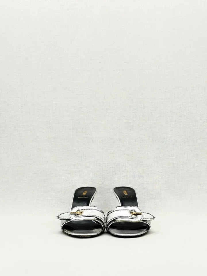 FENDI Metallic Silver Mules 38.5