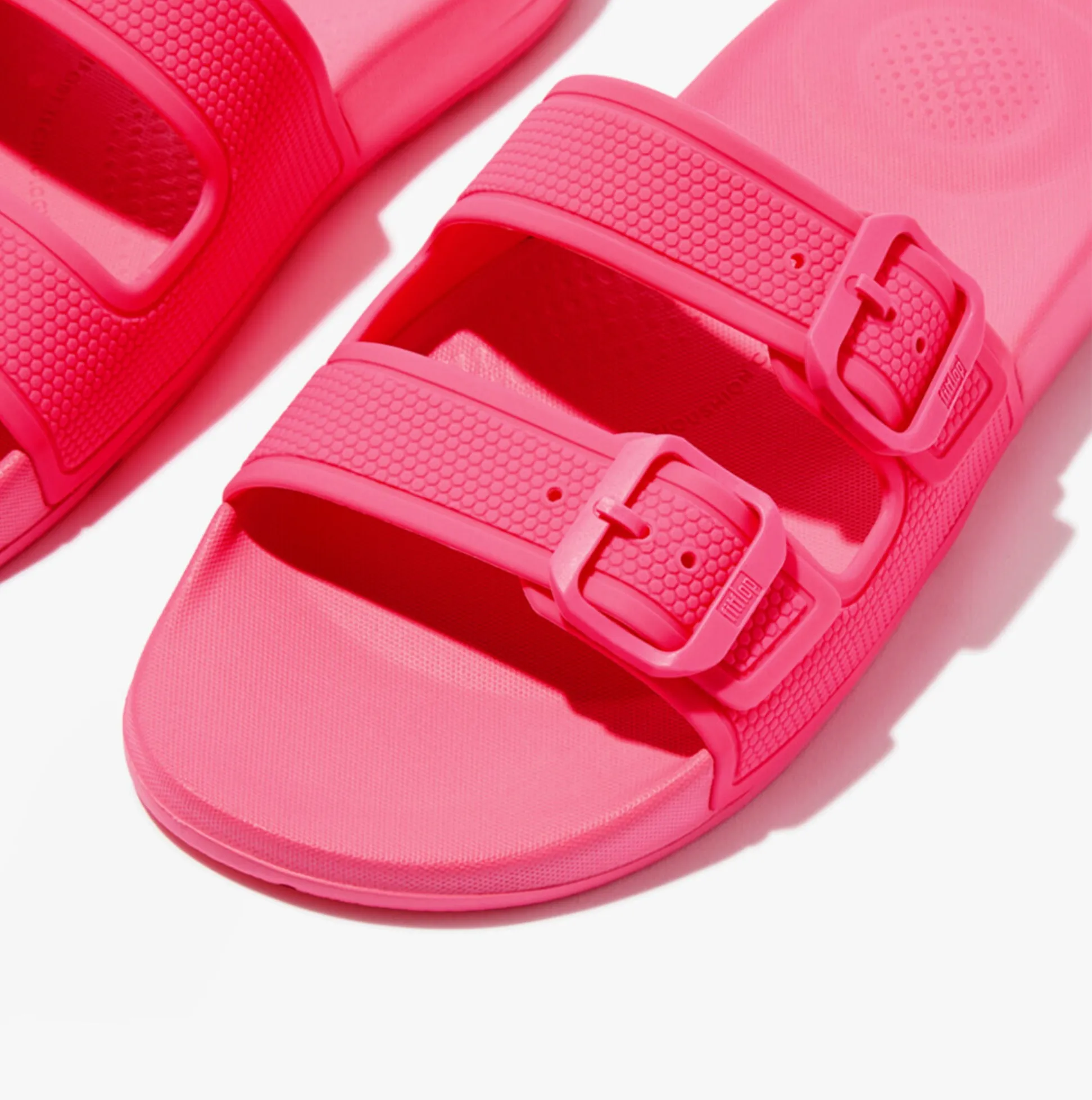 FitFlop iQUSHION TWO-BAR BUCKLE SLIDES Womens Pop Pink