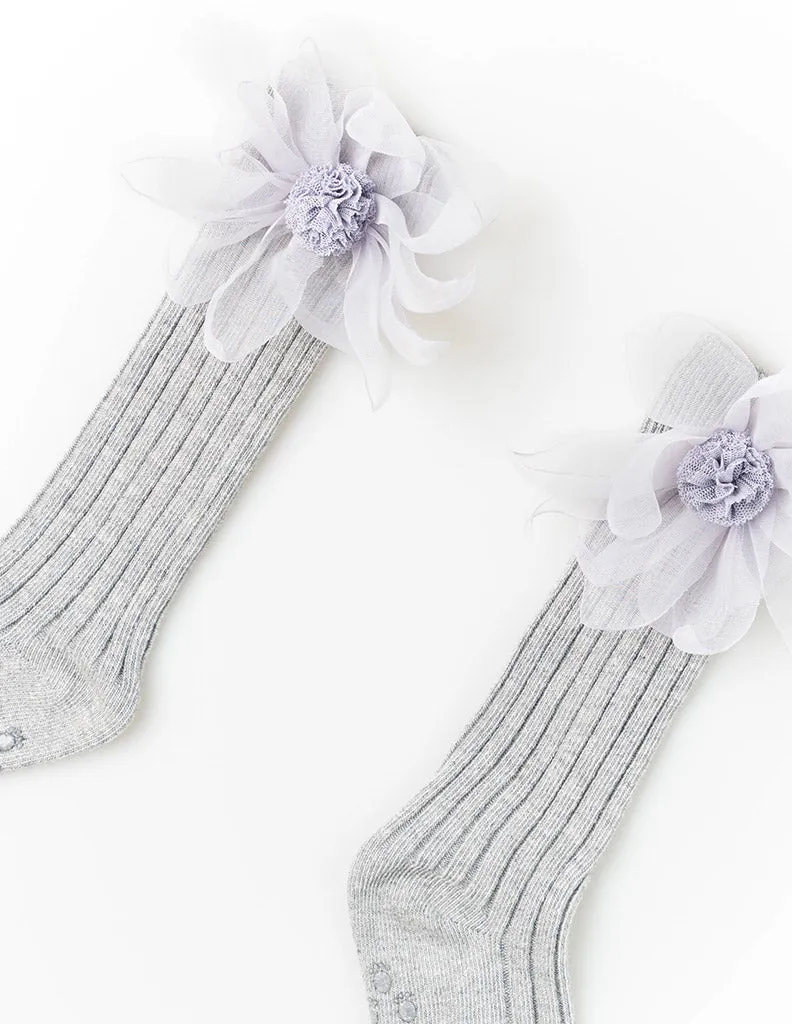 Flower Mesh Knee Socks Grey