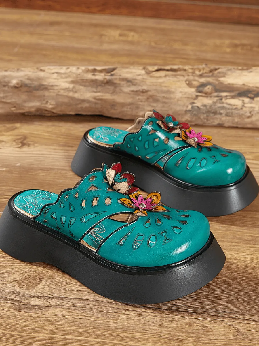 Geometry Perforated Teal Leather Mule