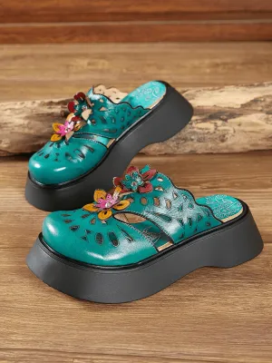 Geometry Perforated Teal Leather Mule