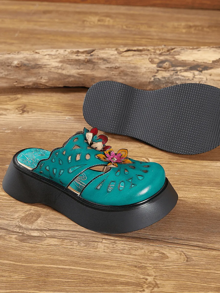 Geometry Perforated Teal Leather Mule