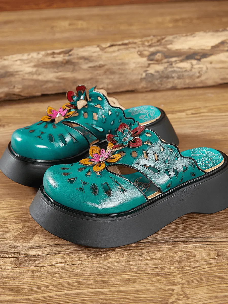 Geometry Perforated Teal Leather Mule
