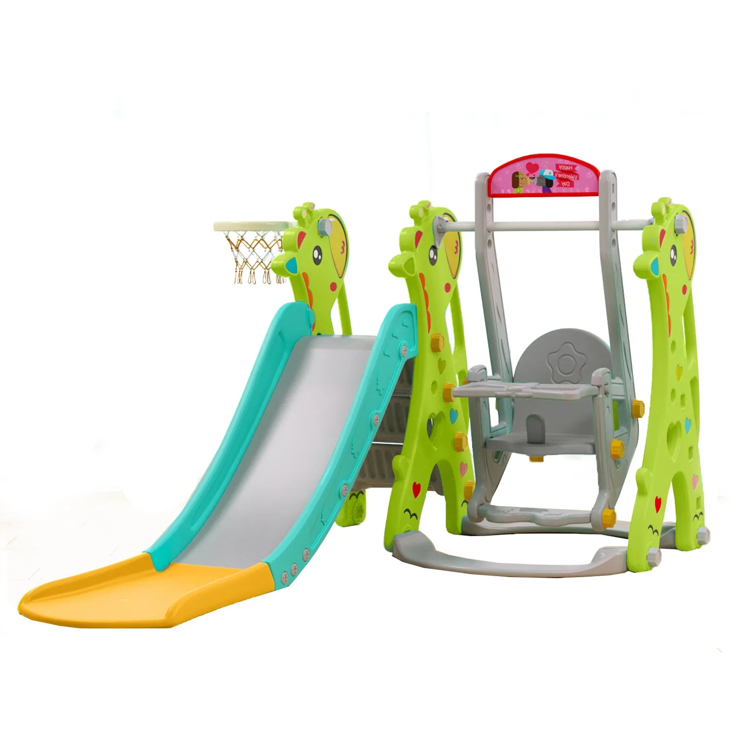 Giraffe 3 in 1 Kids Slide and Swing Set with Basketball Hoop