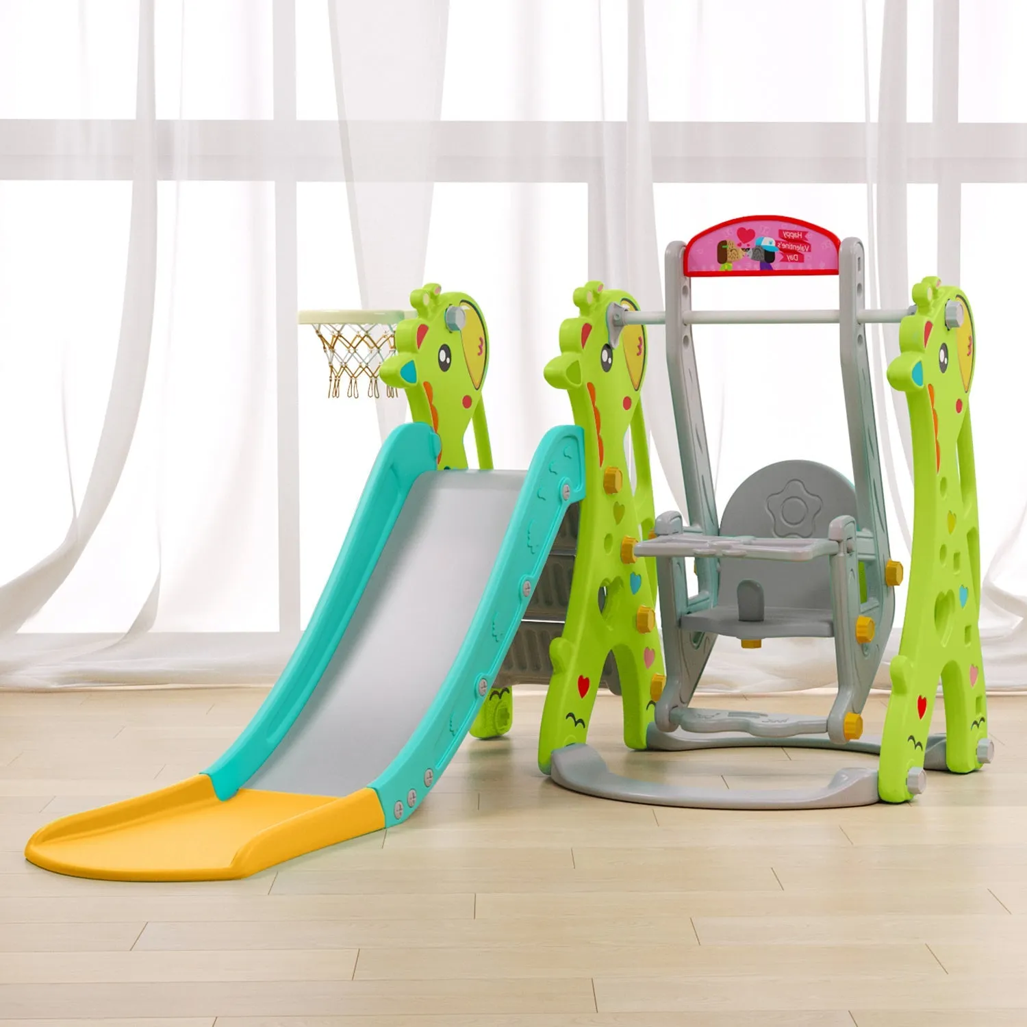 Giraffe 3 in 1 Kids Slide and Swing Set with Basketball Hoop