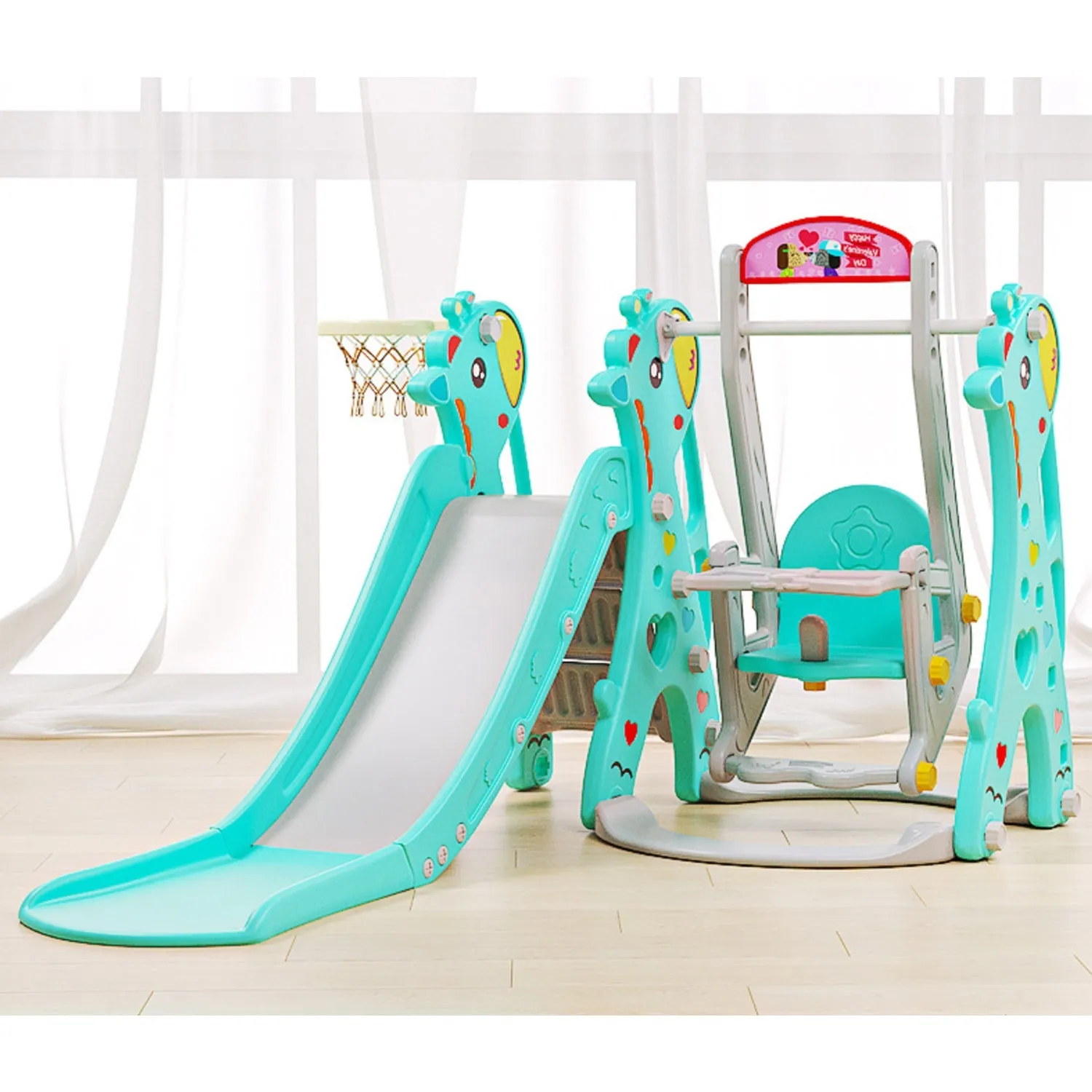 Giraffe 3 in 1 Kids Slide and Swing Set with Basketball Hoop