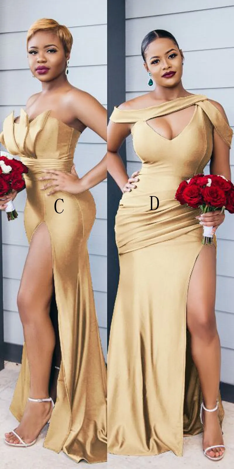 Gold Mismatched Mermaid Side Slit Soft Satin Bridesmaid Dresses, TYP0035