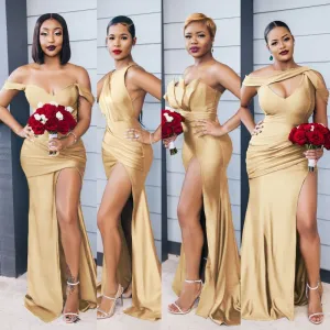 Gold Mismatched Mermaid Side Slit Soft Satin Bridesmaid Dresses, TYP0035