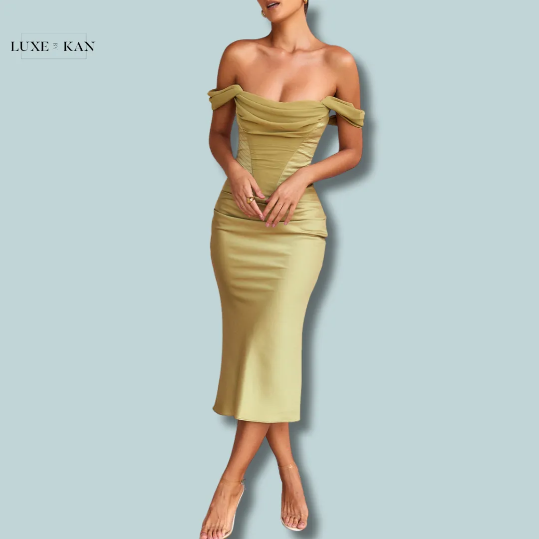 House of CB NATALYA 
OLIVE SATIN CORSET MIDI DRESS
