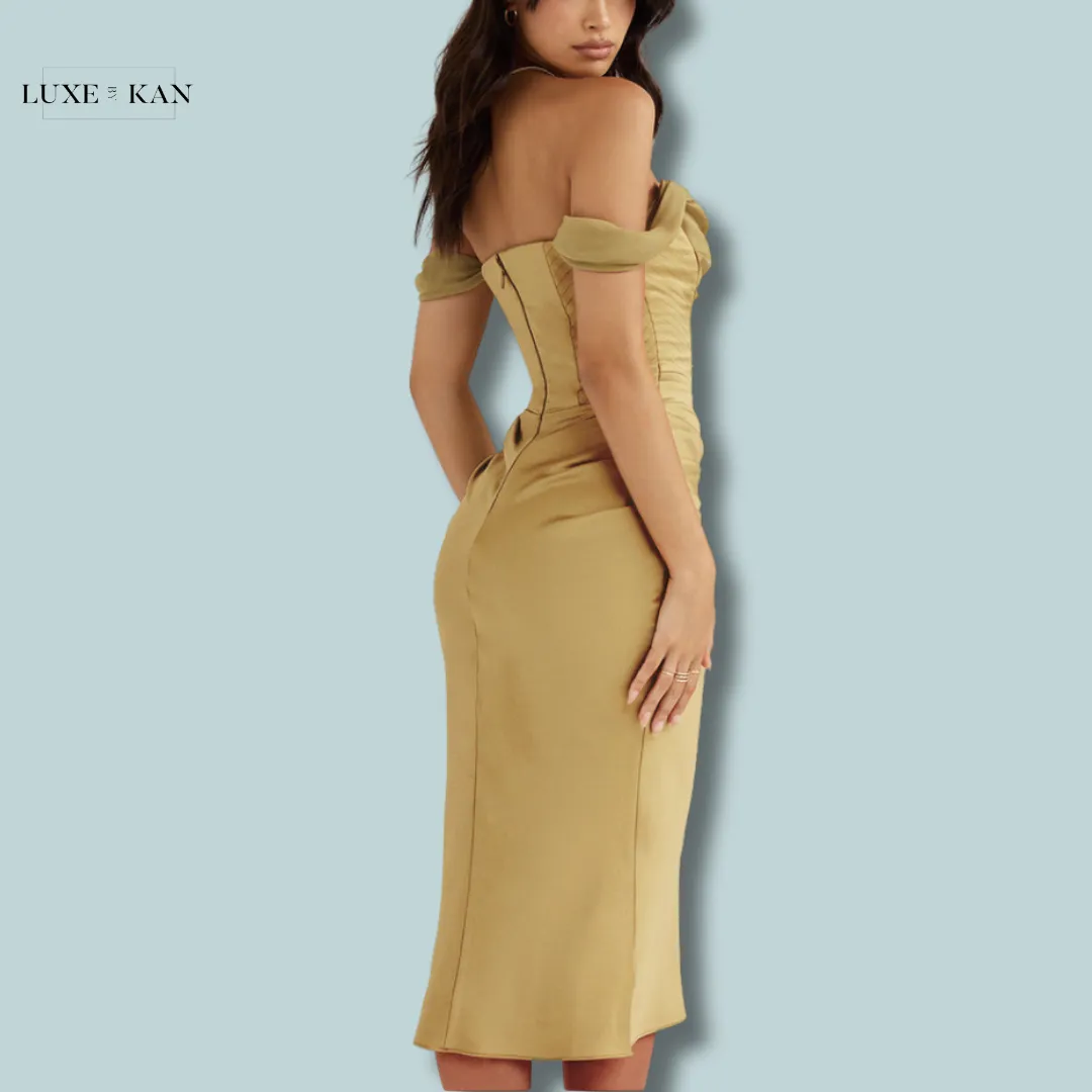 House of CB NATALYA 
OLIVE SATIN CORSET MIDI DRESS