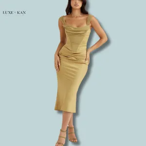 House of CB NATALYA 
OLIVE SATIN CORSET MIDI DRESS