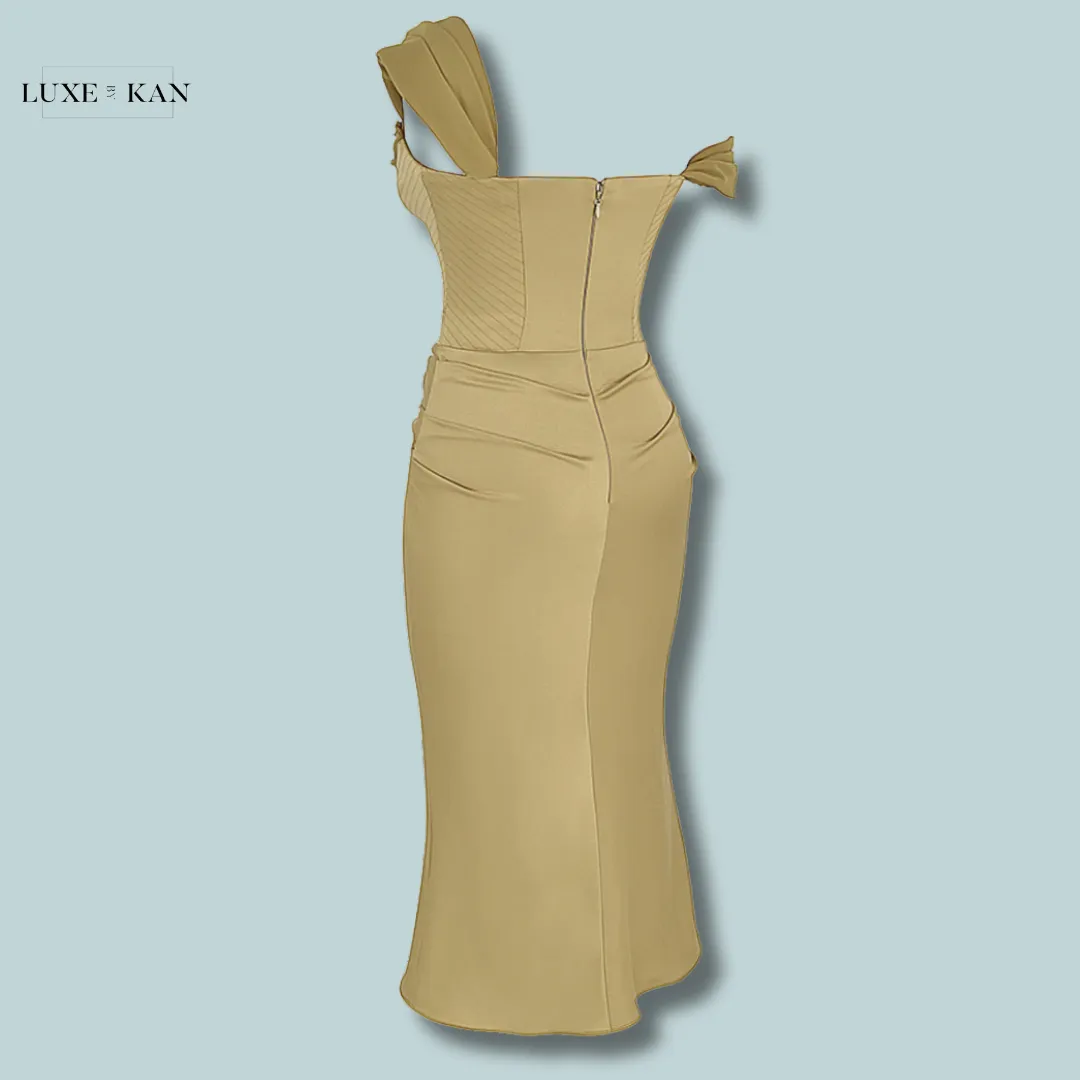 House of CB NATALYA 
OLIVE SATIN CORSET MIDI DRESS