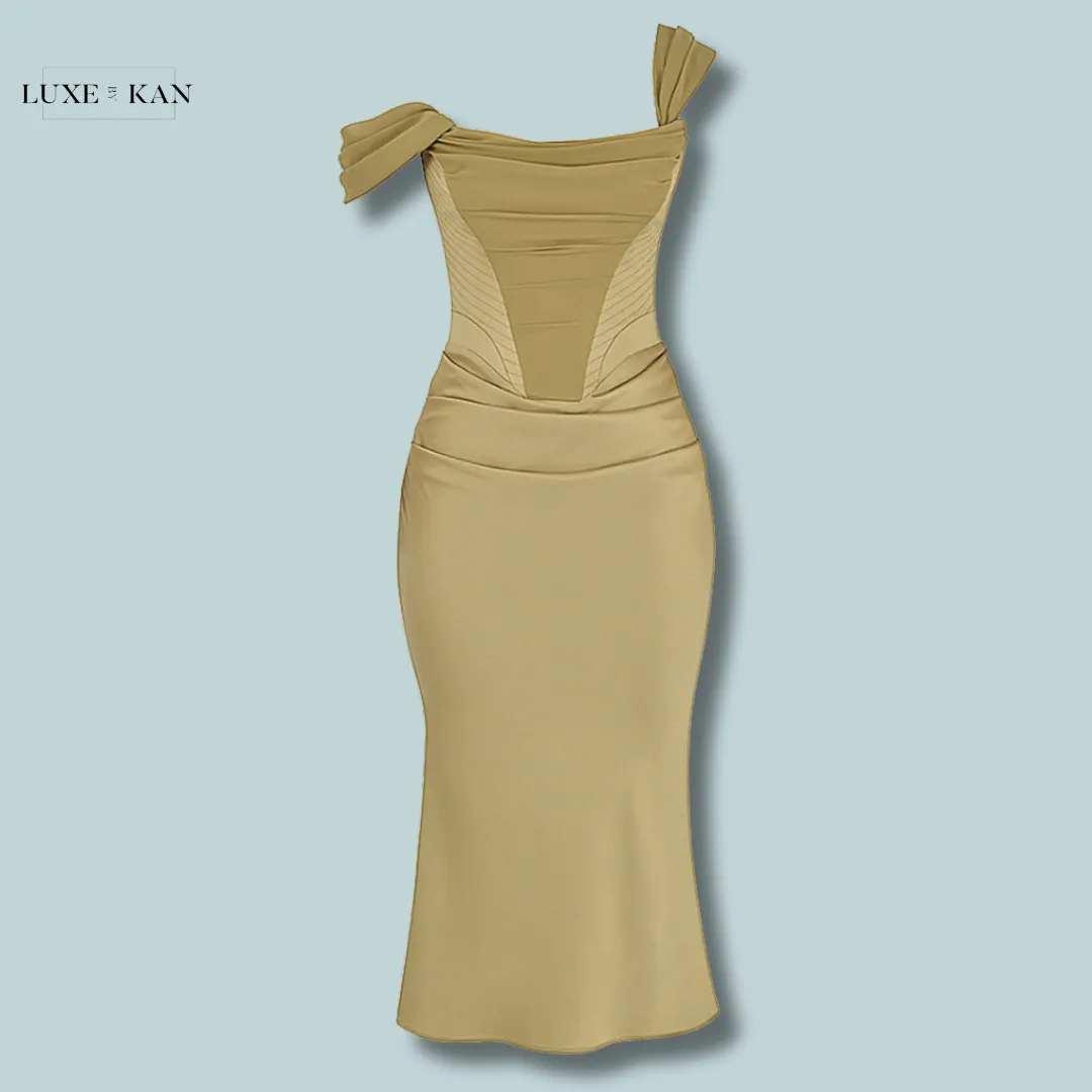 House of CB NATALYA 
OLIVE SATIN CORSET MIDI DRESS