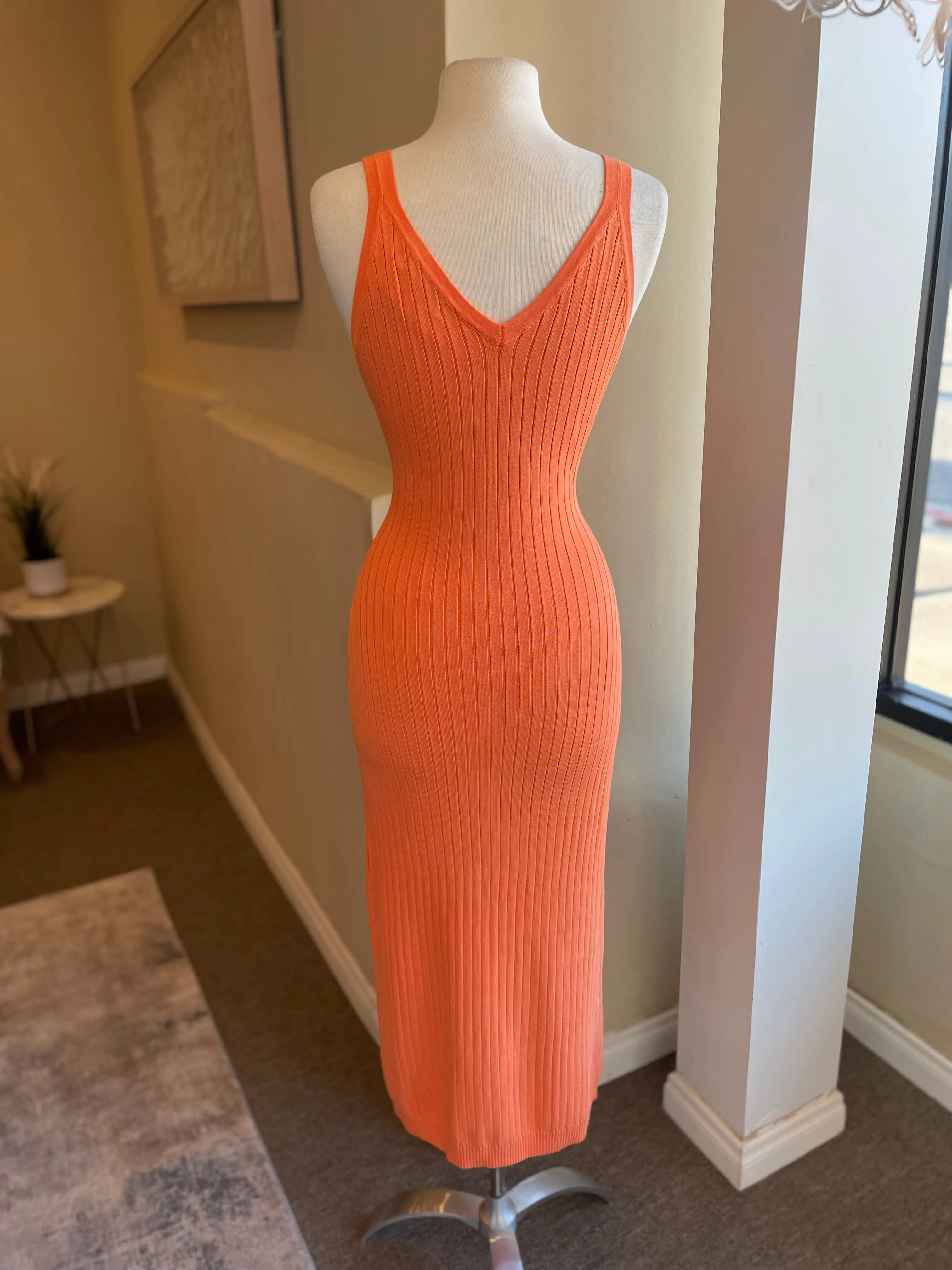 Knit Rib Deep V Back Sleeveless Dress