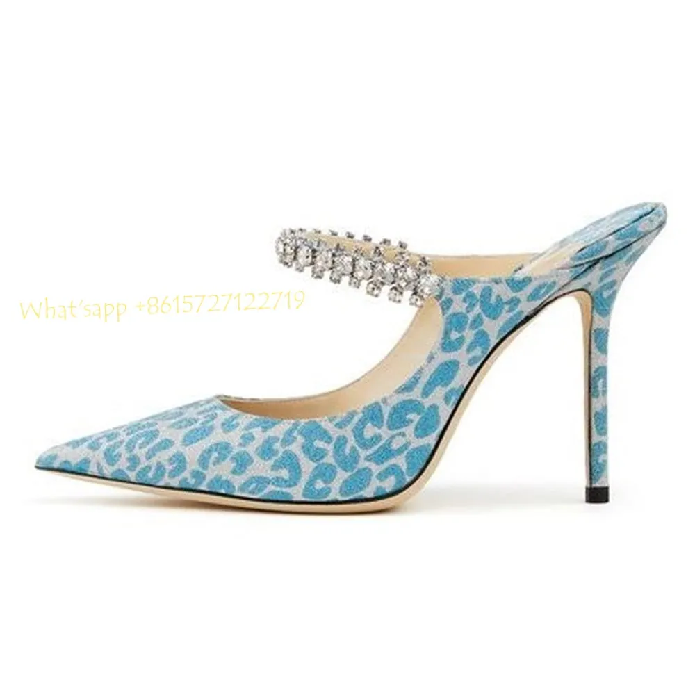 Leopard Crystal Ankle Wrap Mules Slippers