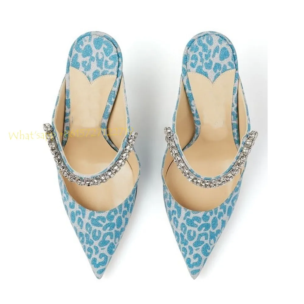 Leopard Crystal Ankle Wrap Mules Slippers