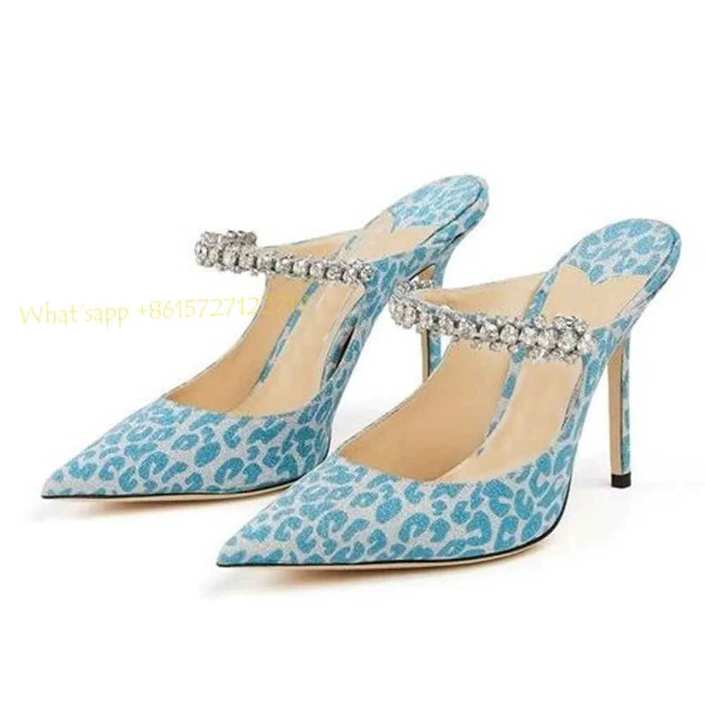 Leopard Crystal Ankle Wrap Mules Slippers