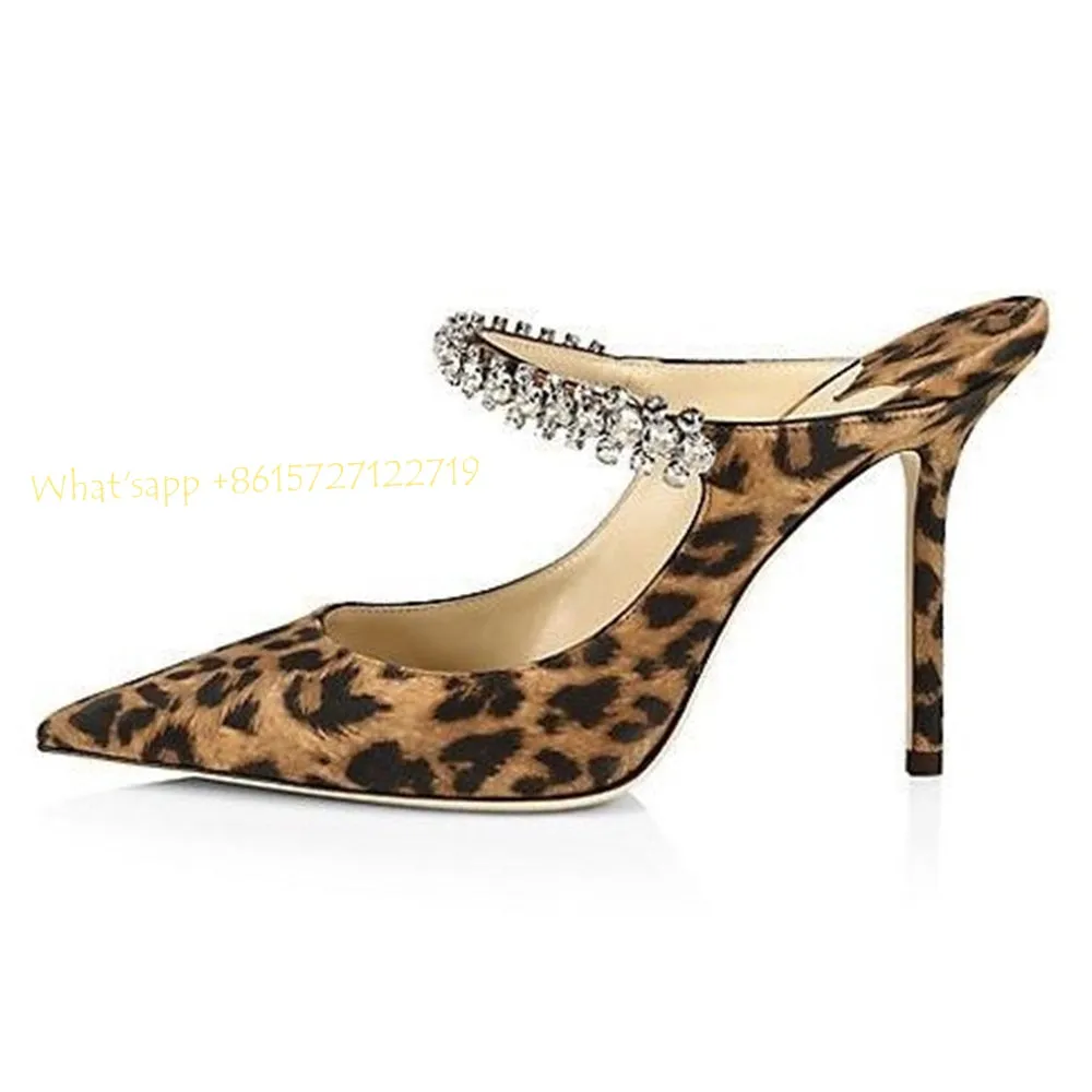 Leopard Crystal Ankle Wrap Mules Slippers