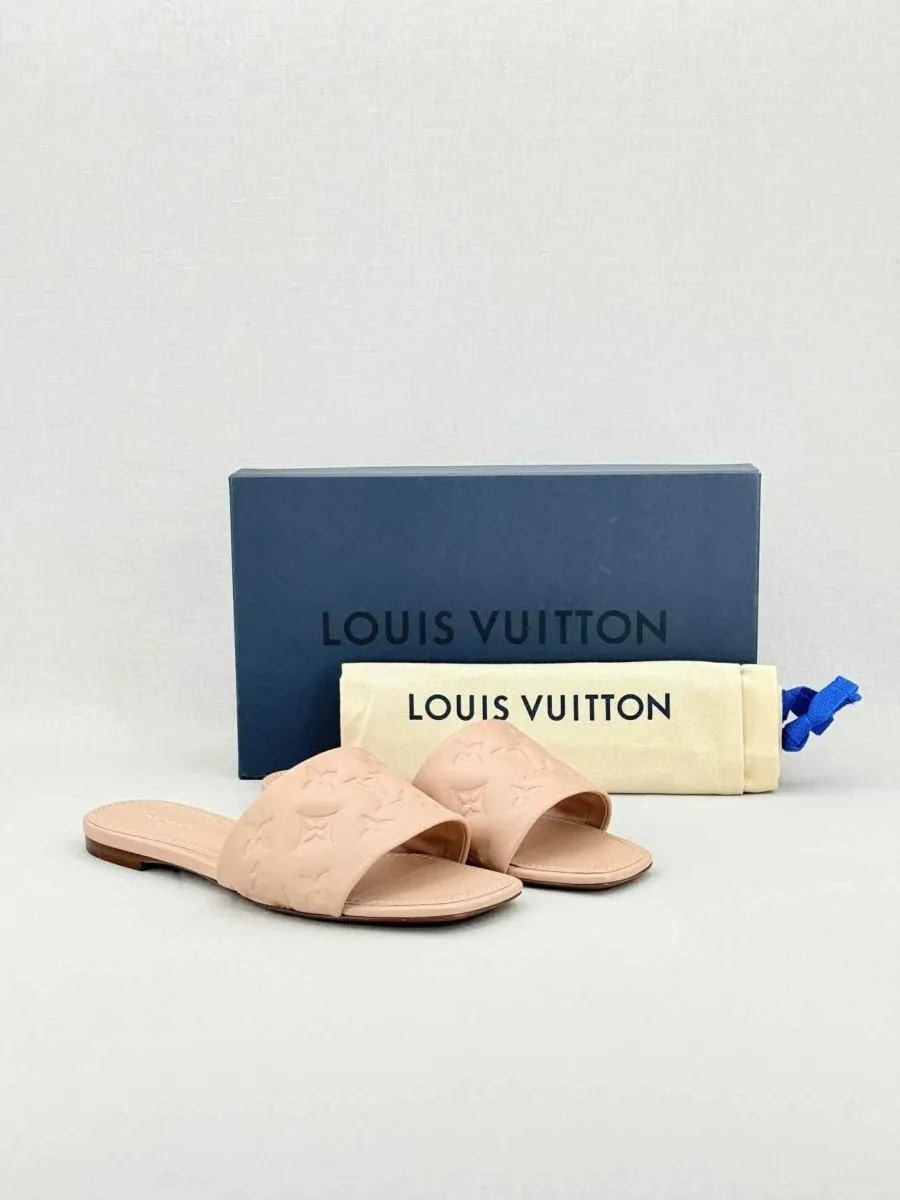LOUIS VUITTON Revival Beige Monogram Embossed Mules 38