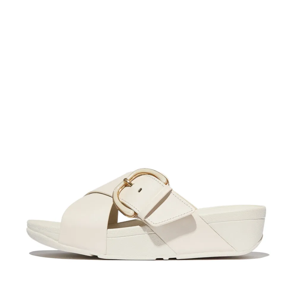 LULU Resin-Buckle Leather Cross Slides