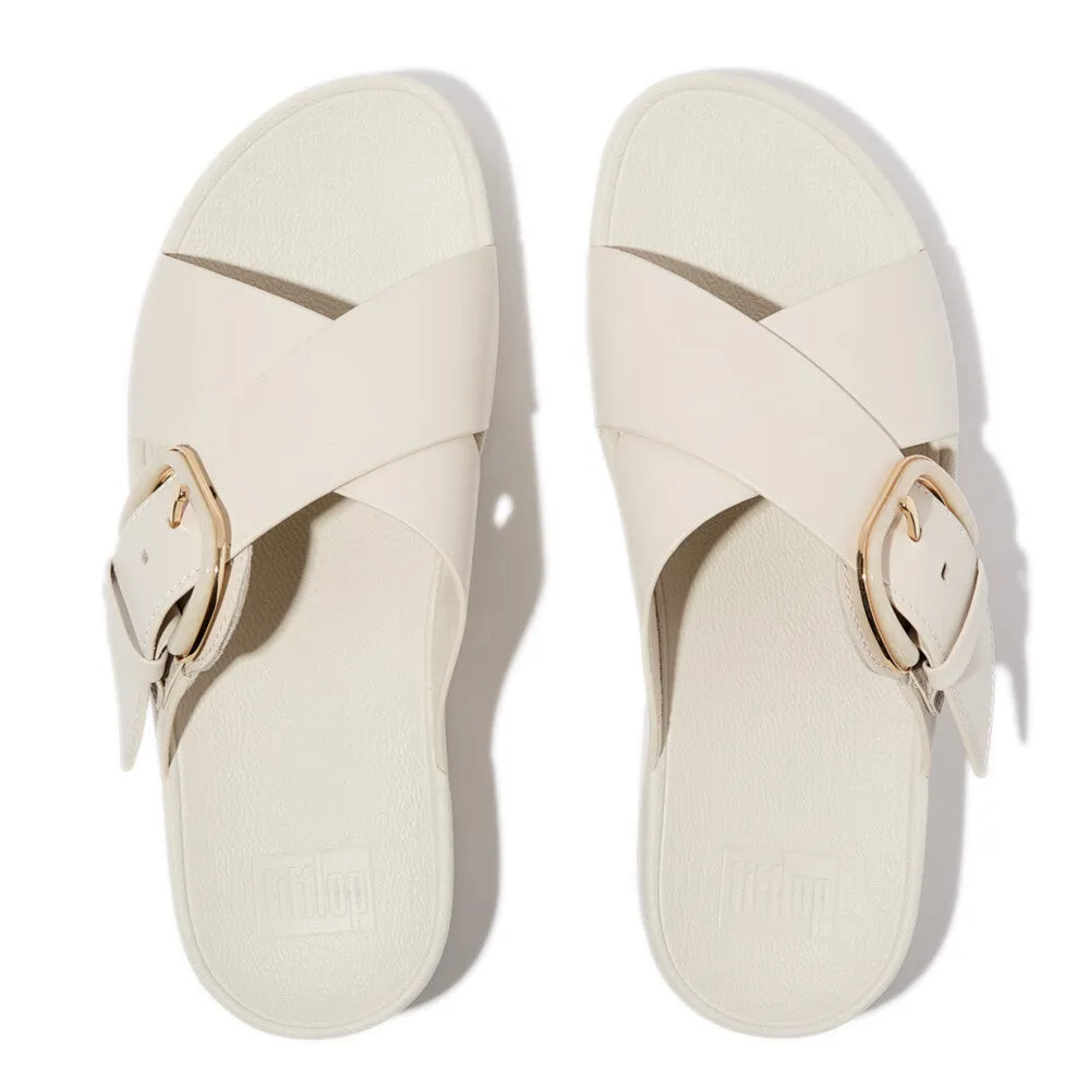 LULU Resin-Buckle Leather Cross Slides