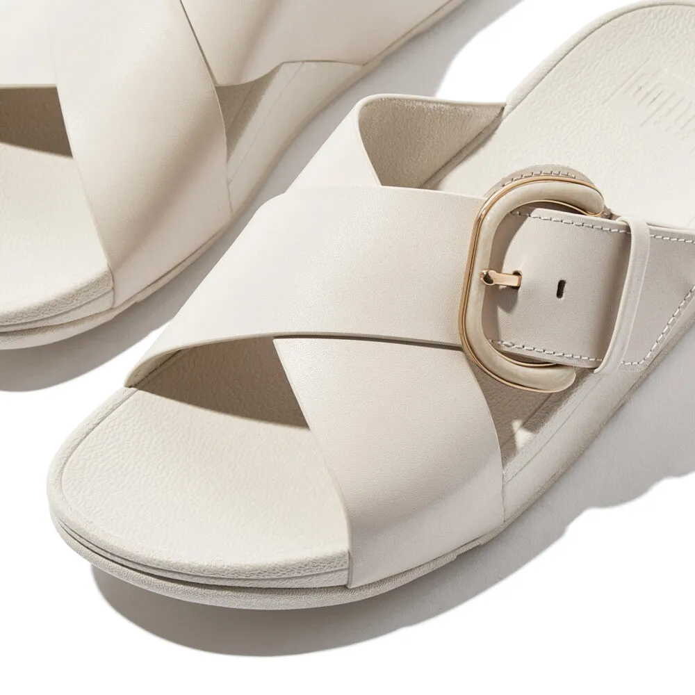 LULU Resin-Buckle Leather Cross Slides