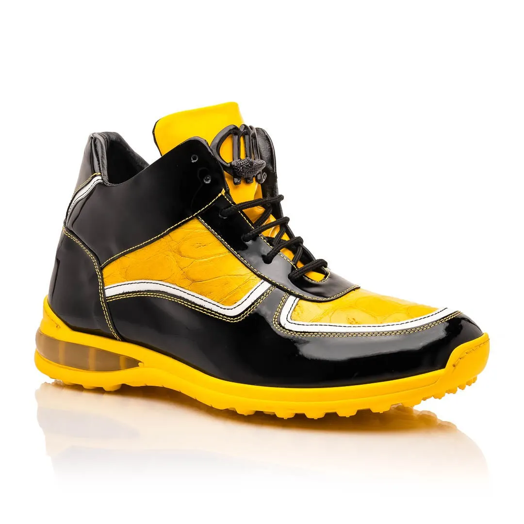 Mauri Quick in Black / White / Yellow Mens Exotic Crocodile / Patent Leather High-Top Sneakers