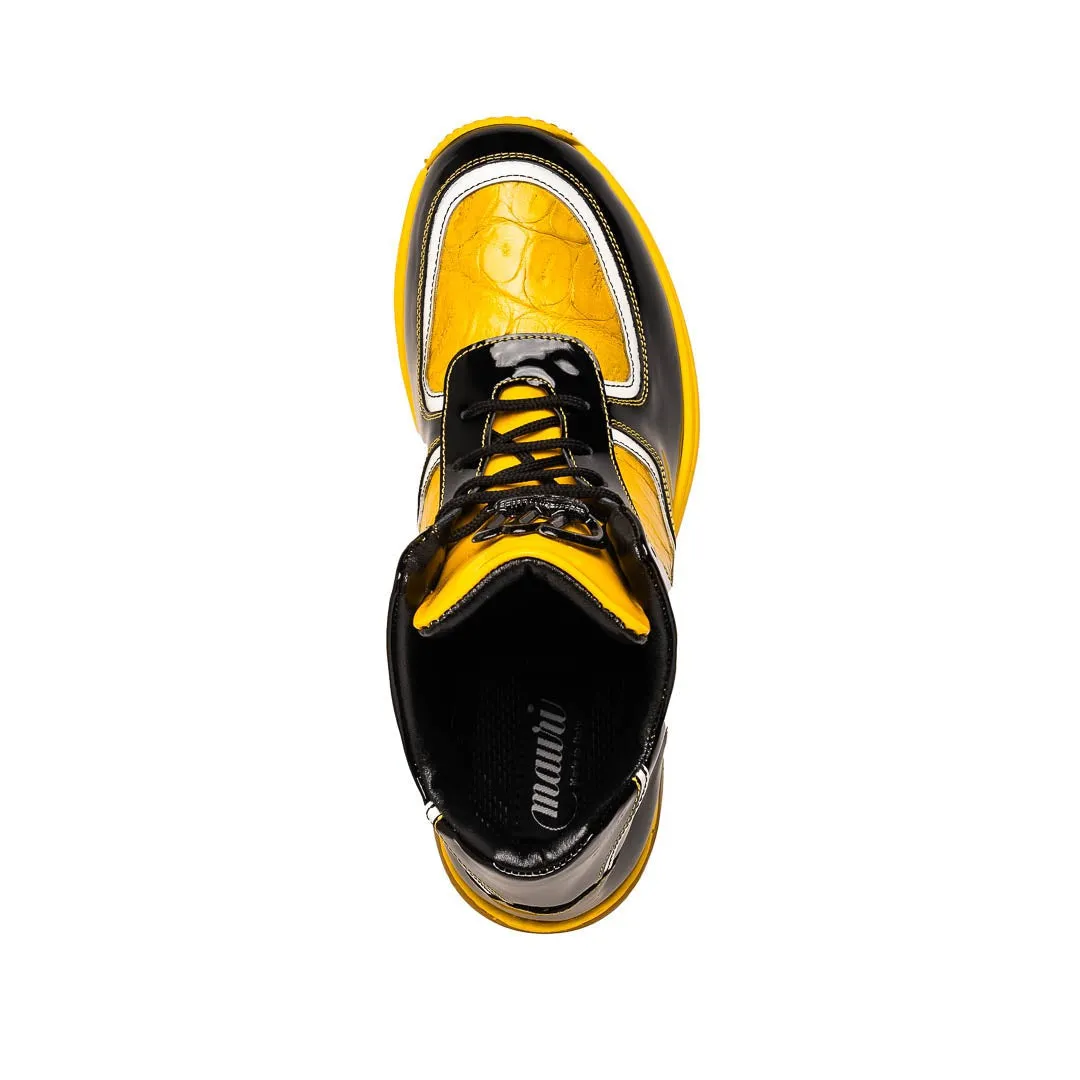 Mauri Quick in Black / White / Yellow Mens Exotic Crocodile / Patent Leather High-Top Sneakers