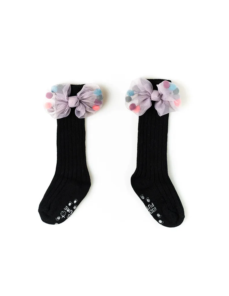 Mesh Pom Pom Bow Knee Socks Black