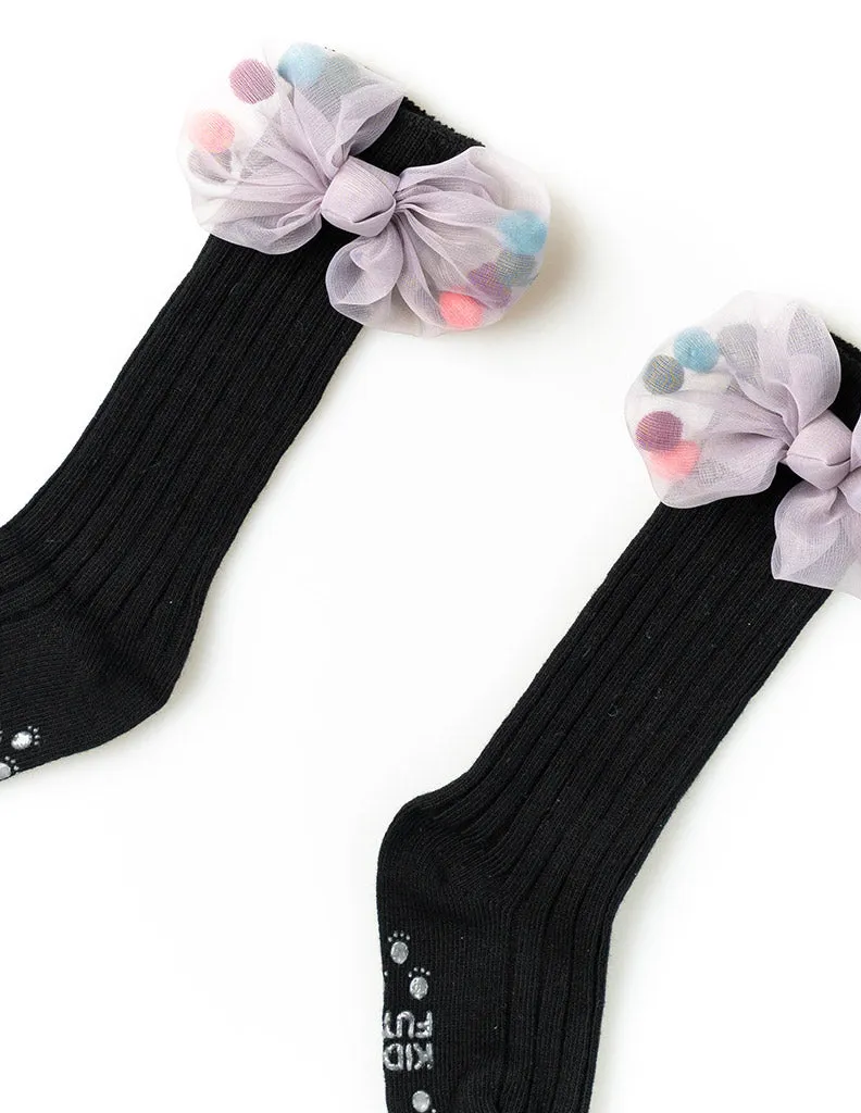 Mesh Pom Pom Bow Knee Socks Black