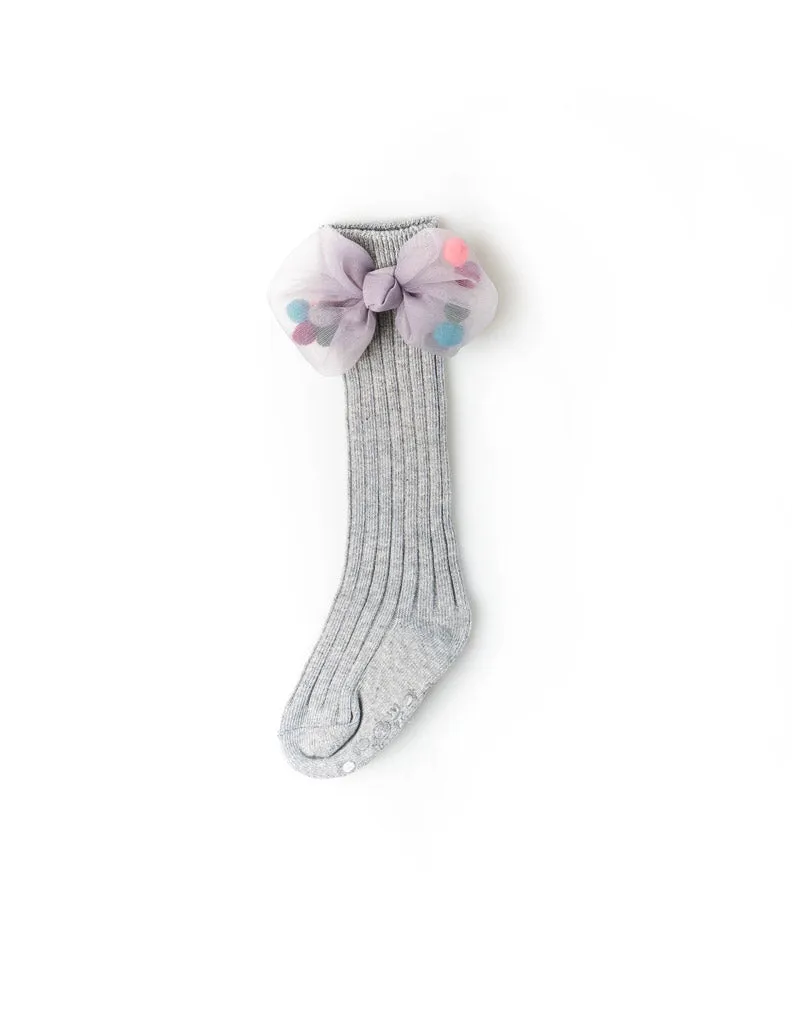 Mesh Pom Pom Bow Knee Socks Grey