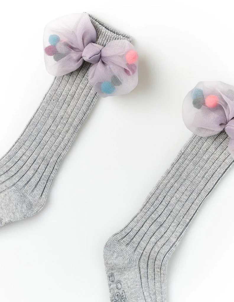 Mesh Pom Pom Bow Knee Socks Grey