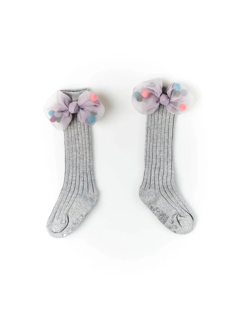 Mesh Pom Pom Bow Knee Socks Grey