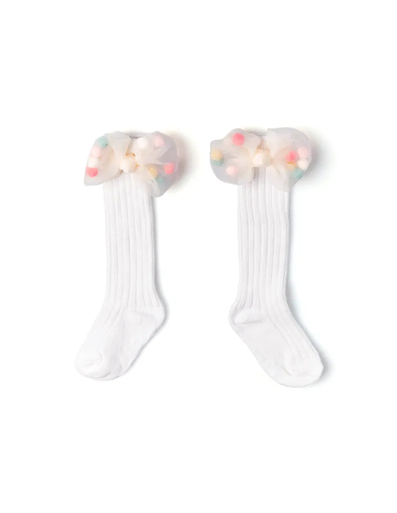 Mesh Pom Pom Bow Knee Socks White