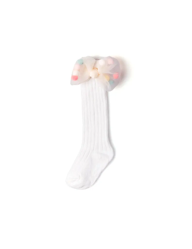 Mesh Pom Pom Bow Knee Socks White