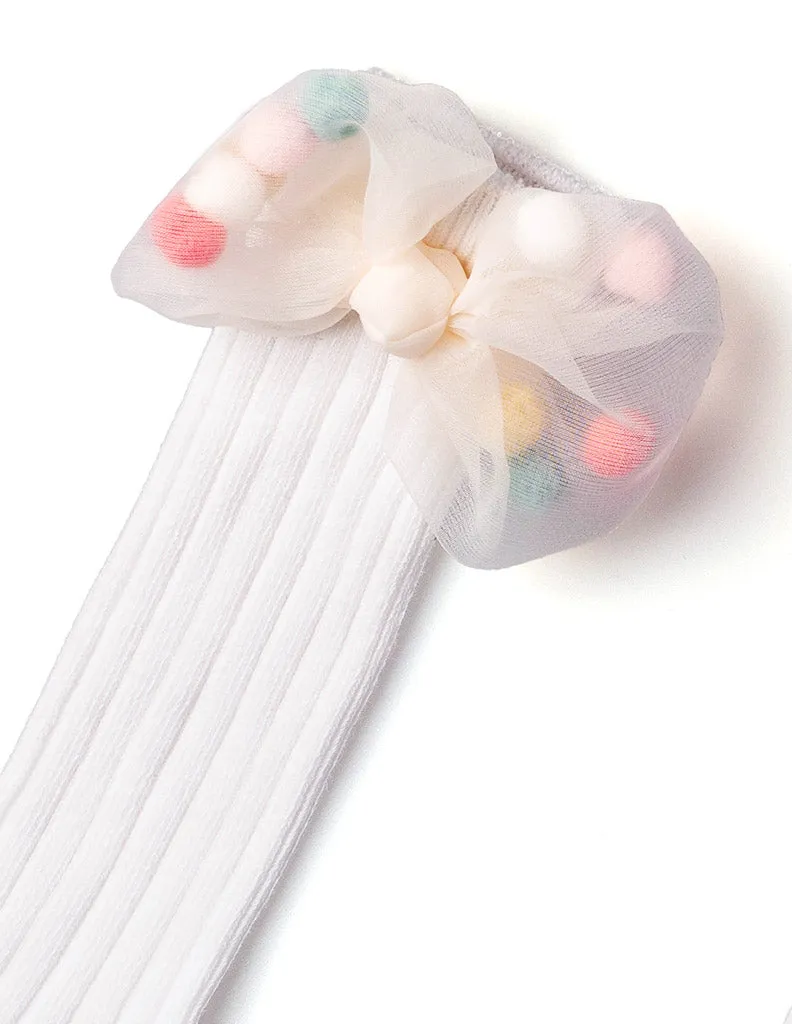 Mesh Pom Pom Bow Knee Socks White