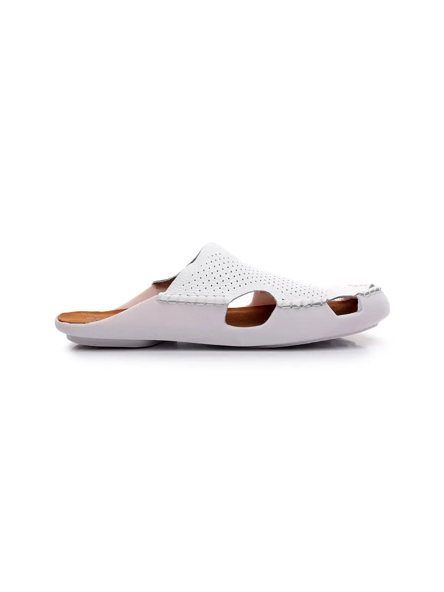 Perforated Cut-Out Genuine Leather Mule - White