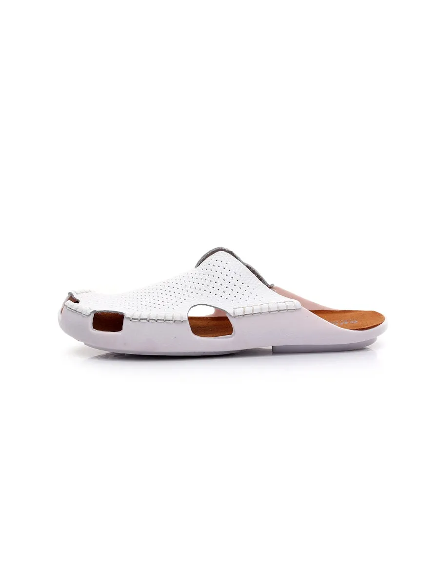 Perforated Cut-Out Genuine Leather Mule - White