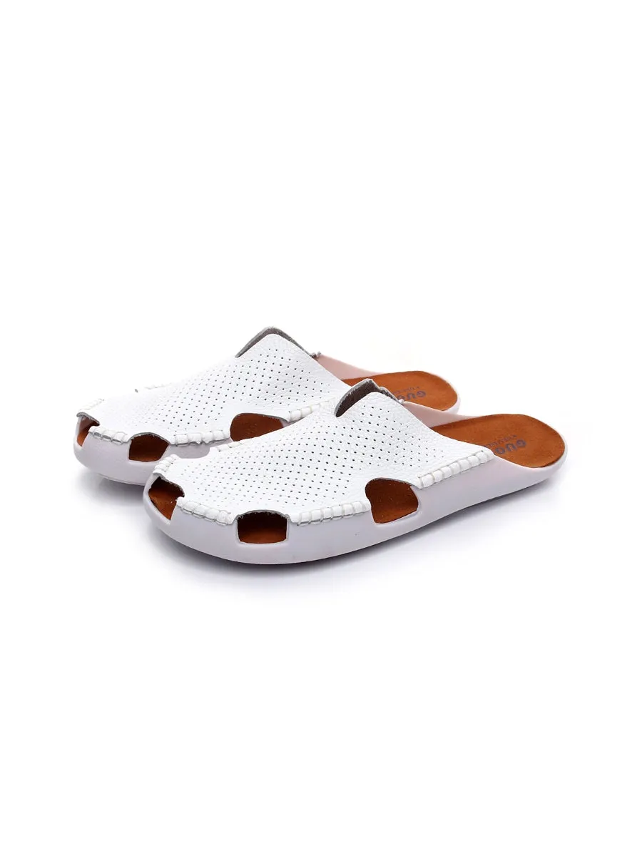 Perforated Cut-Out Genuine Leather Mule - White